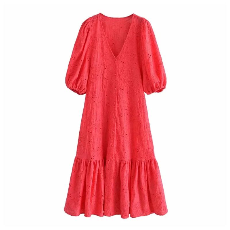 Aachoae Chic Floral Embroidery Midi Dress Women V Neck Puff Sleeve Sweet Dresses Ladies Elegant A Line White Cotton Dress
