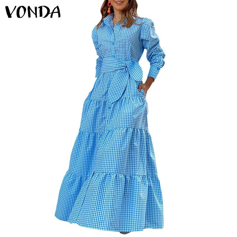 Shirt Dress 2021 Women Long Sleeve Party Dresses VONDA Casual Lapel Button Vintage Belted Pockets Sundress Plaid Printed Robes