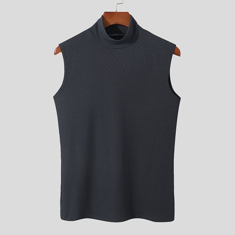 Men TaTops Turtleneck Sleeveless Solid Color Vests Men Streetwear Skinny Fashion Casual Waistcoats S-5XL