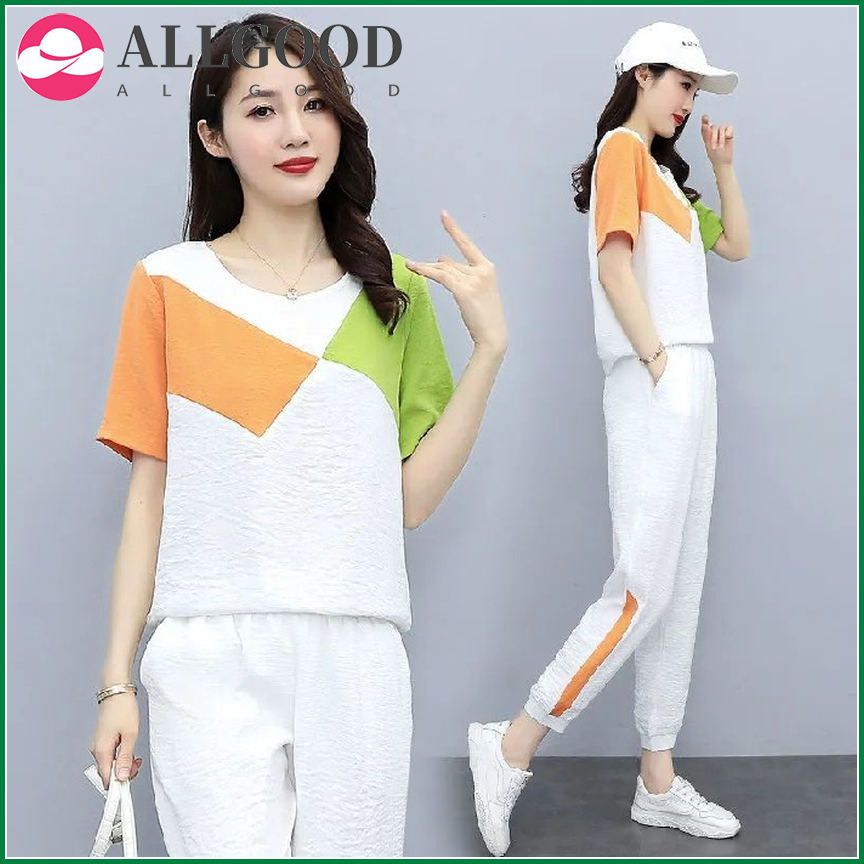 Summer Tracksuits Women Clothing Set 2 Pieces Printing Short Sleeve Pullovers Blouse+harem Pants White Black 2pcs Sportswear Set