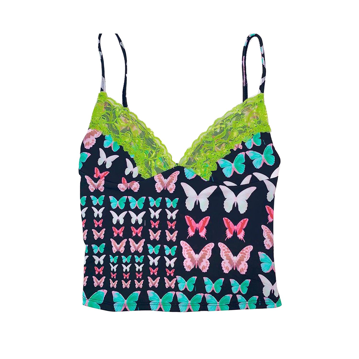 Women’s Sexy V Neck Sling Top, Butterfly Print Lace Crop Top, Sleeveless Suspender Vest Slim Fit Clothes