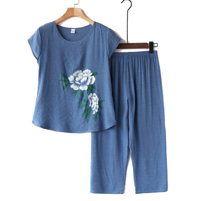 Summer Pajamas Plus Size 4XL Casual Women 2PCS Pajama Set Cotton Linen Pijamas Suit Ladies Sleepwear Pyjamas Home Clothes