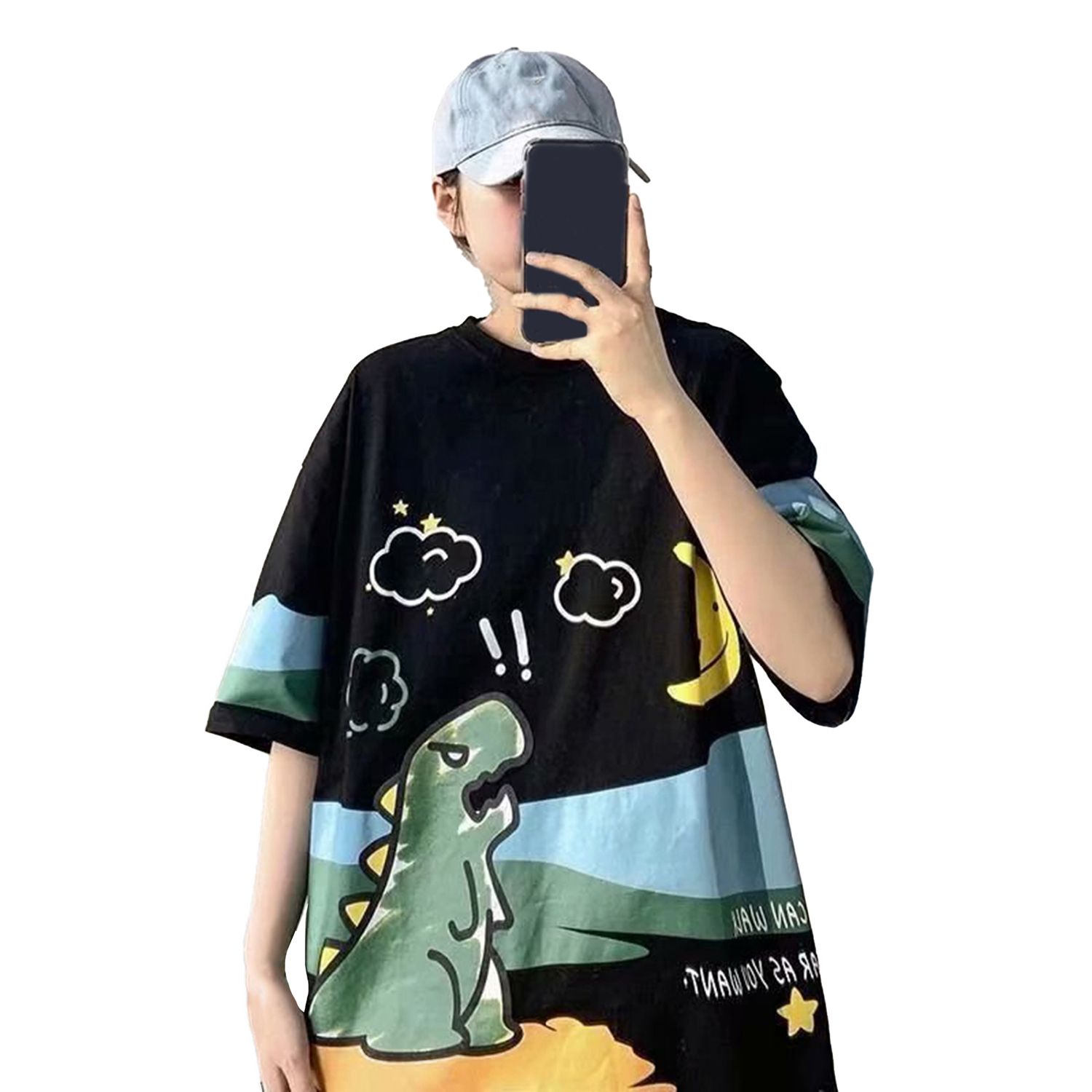 T-shirt Short Sleeve Round Neck Polyester Loose Fit Cartoon Shirt for Dating