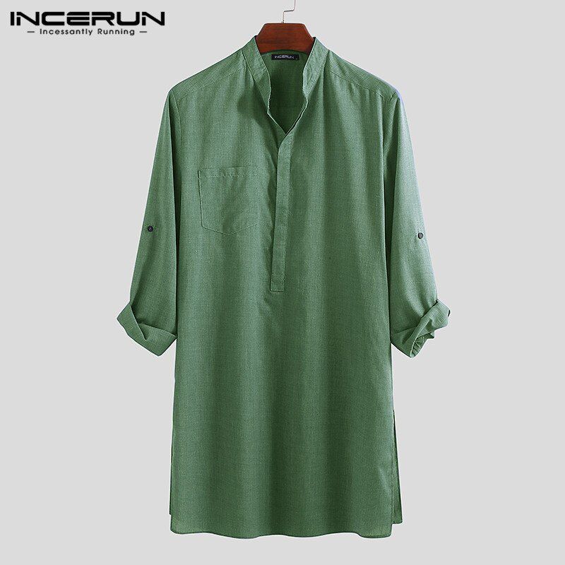 INCERUN Men Shirt Solid Color Stand Collar Long Loose Vintage Casual Tops Indian Clothes Camisa Sleeve Men Long Shirts 2021 5XL