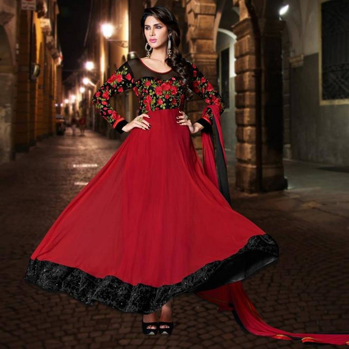 Dark  Red  Georgette  Semi  Stitched  Gown  for  Women
