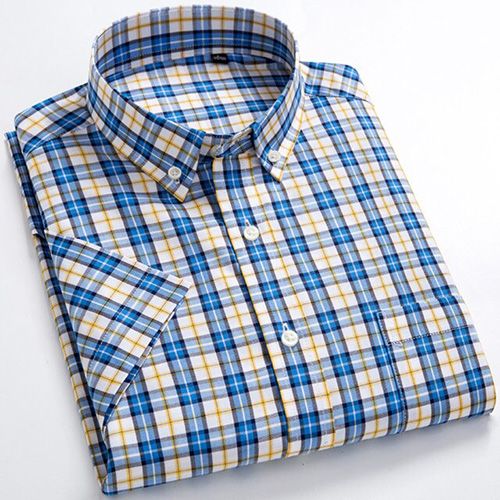Men's Casual Short-Sleeve Checkered Shirts Standard-fit Summer Thin Soft Quality 100% Cotton Button-down Plaid Striped Shirt