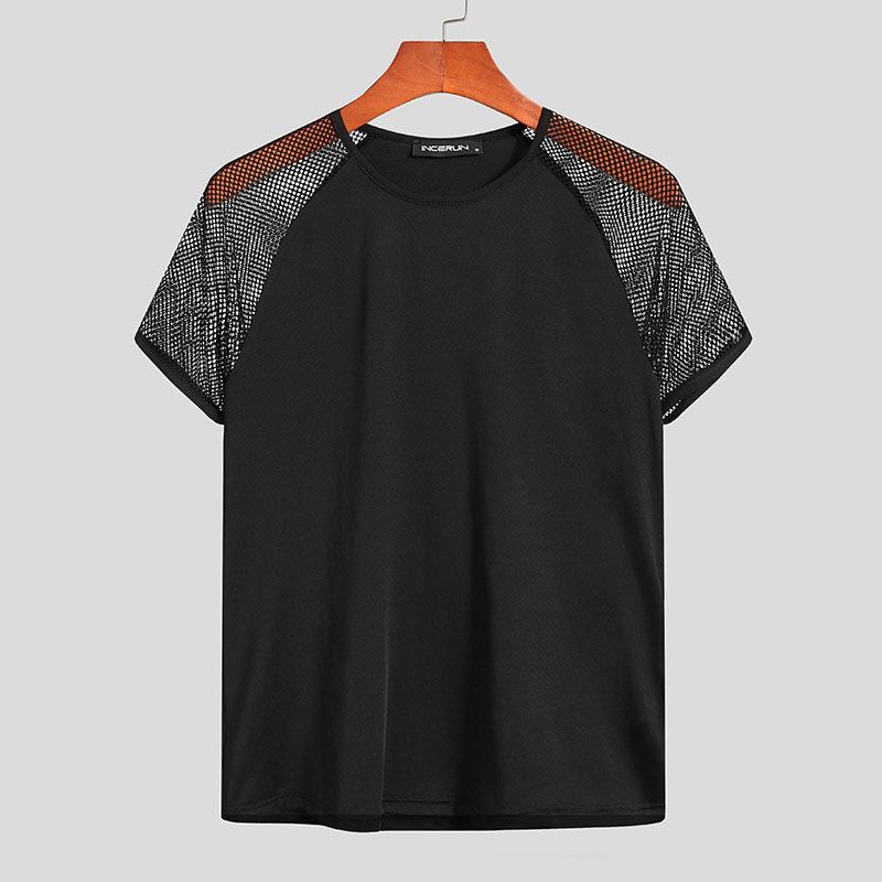 Fashion Men T Shirt Mesh Patchwork Streetwear Crew Neck 2022 Short Sleeve Casual Tee Tops Sexy Breathable Camisetas 5XL INCERUN