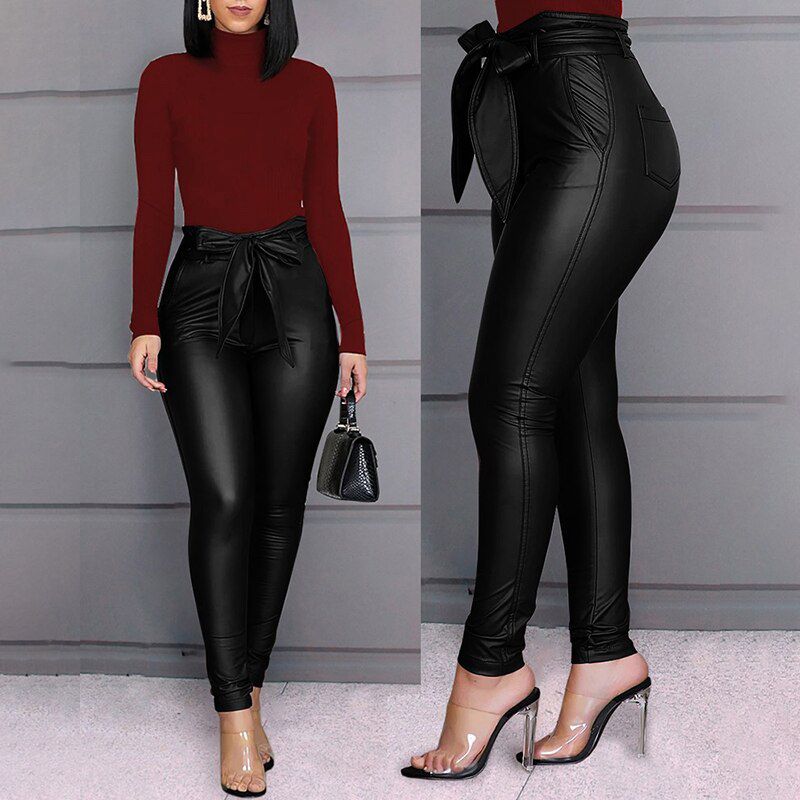 Spring Women Pu Leather Pants Black Stretch Bodycon Trousers High Waist Long Casual Pencil S-3XL Winter