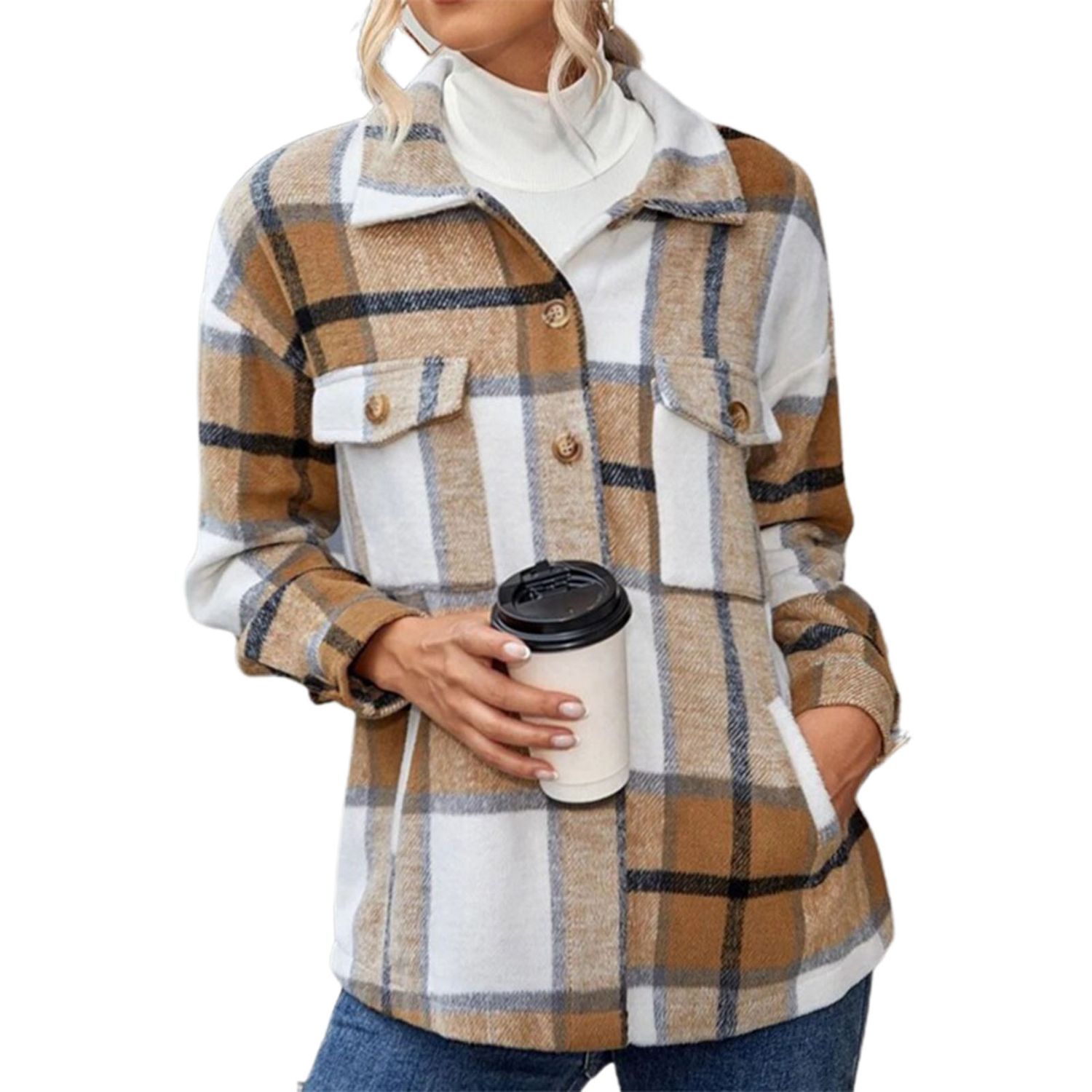 Shirt Jacket Side Pockets Single-Breasted Plaid Shirt Coat