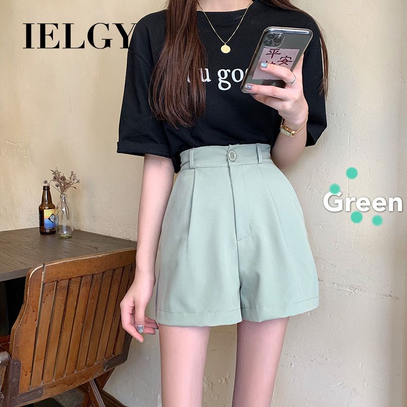 IELGY Loose black wide-leg pants women's college wind high waist casual pants drape suit shorts