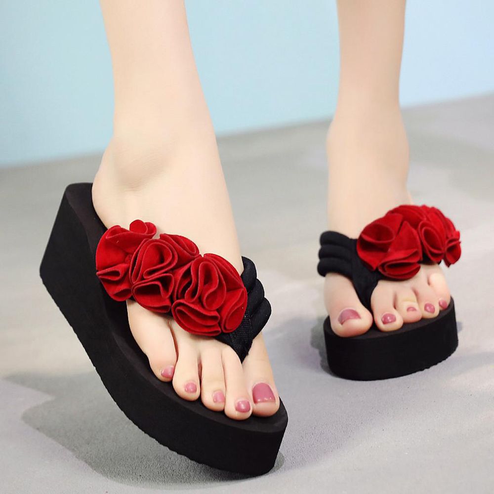 Summer Fashion Women's Flower Clip Toe Flip Flops Non-Slip Wedges Beach Slippers
