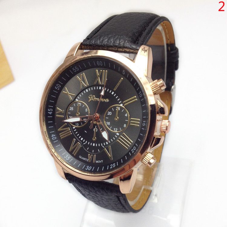 Men WomenThree Eyes Fashion Roman Numbers Leather Quartz Watch  - black