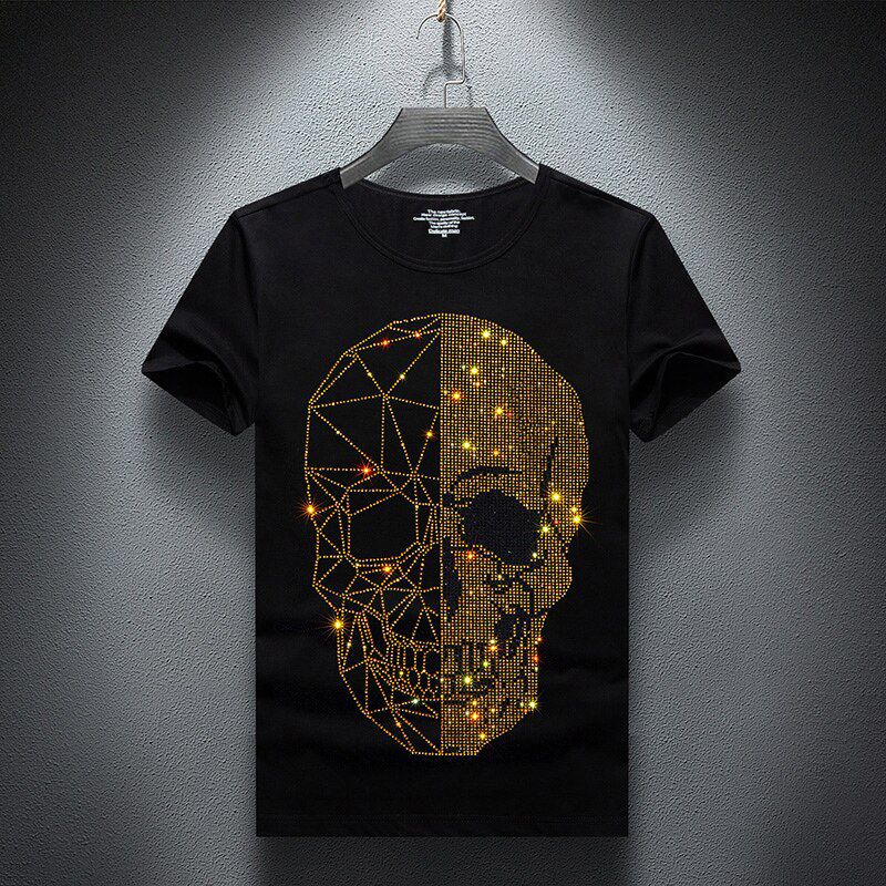 Men T-shirt Summer Skulls Rhinestones T Shirt Men Brand Short Sleeve Fashion Man Streetwear O Neck Hot drill Cotton Tshirt