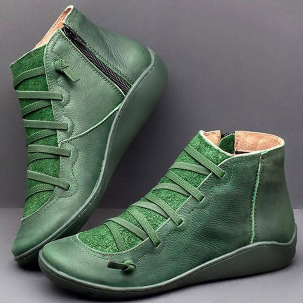 Women's Casual Flat Leather Retro Lace-up Boots Si Zipper Round Toe Shoe Boots