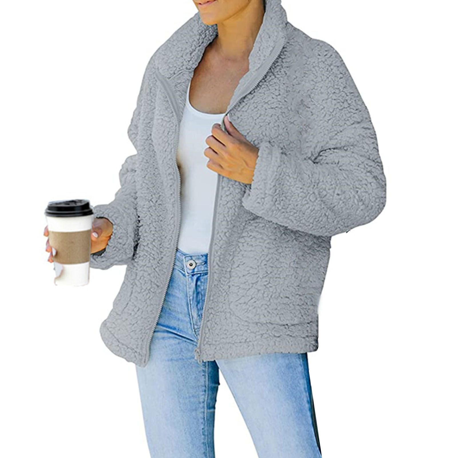 Women Jacket Long Sleeve Side Pockets Women Fluffy Jacket