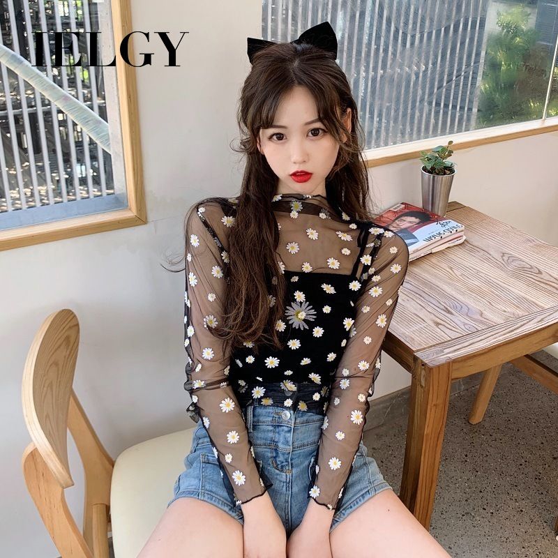 IELGY little daisy mesh bottoming shirt female foreign style long-sleeved temperament with tops sunscreen chiffon shirt tide