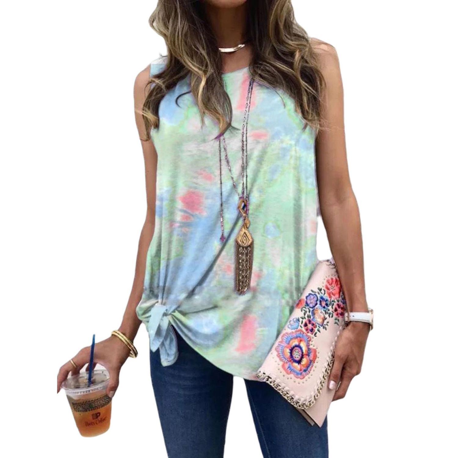 New Female T-Shirt, Tie-Dye Print Round Neck Sleeveless Lose T-Shirt Women’ s Tops, S/M/L/XL/2XL/3XL/4