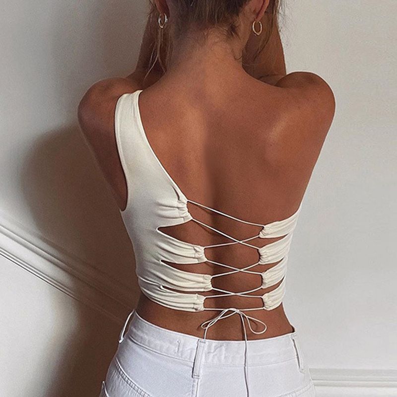 Women Crop Top One Shoulder Halter Hollow Out Bandage Short Vest Female y Skinny Backless Camisole White Size L