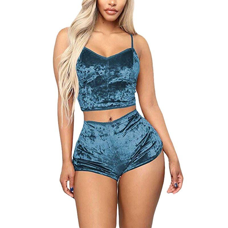 Sexy Velvet Shorts Pajamas Set  Summer Women Lace Sleepwear Spaghetti Strap Sleeveless Pyjamas Casual Nightwear Pajama Sets