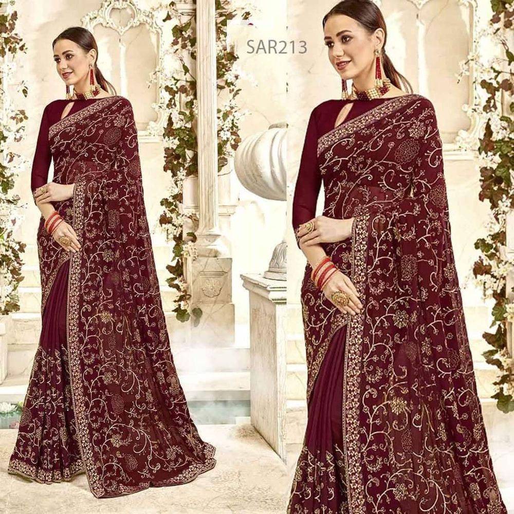 MaroonColored Quality Embroidery Soft Weightless Georgette Saree with Unstitched Blouse Piece