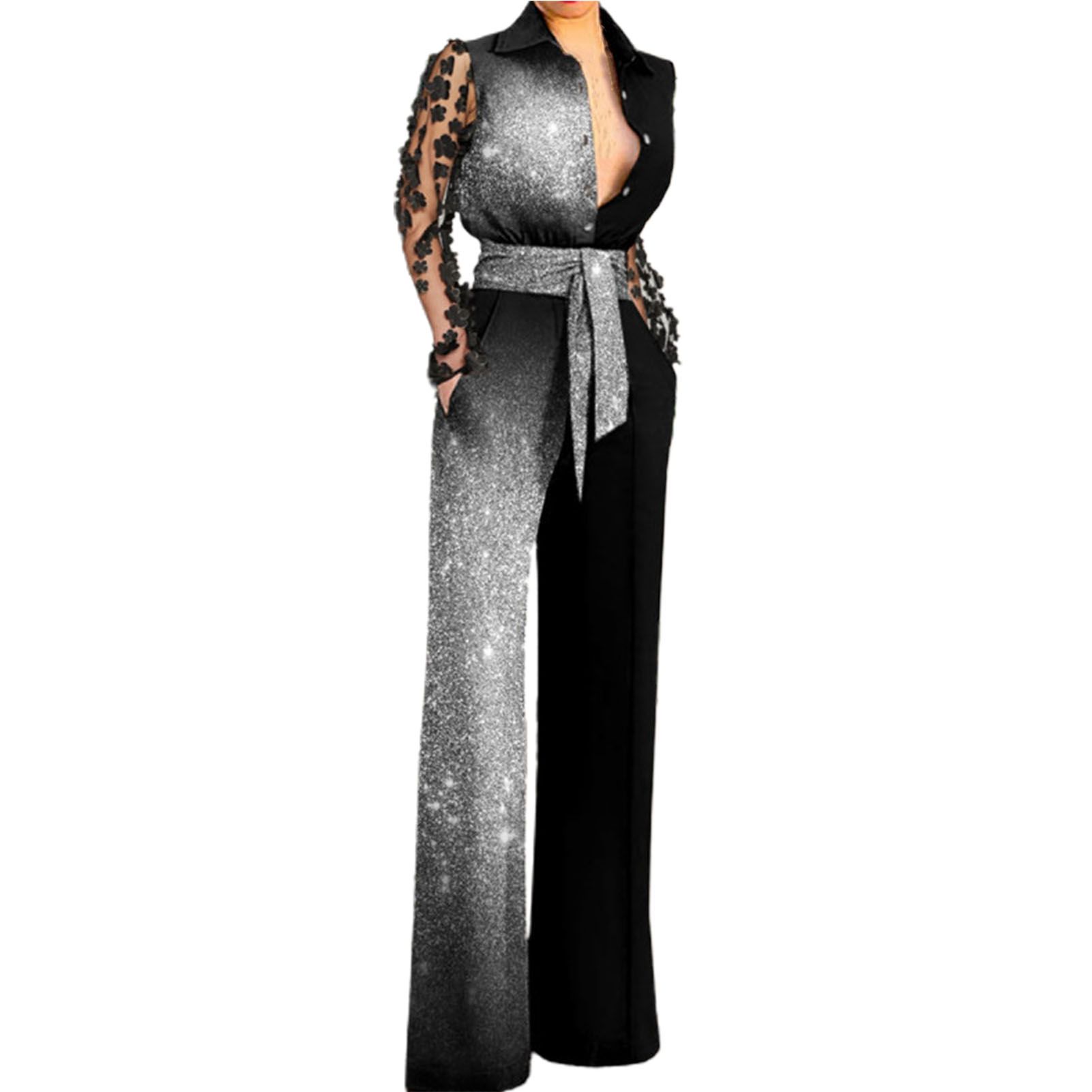 Office Jumpsuit Wide Leg Waist Le-up Shining Patchwork Office Jumpsuit