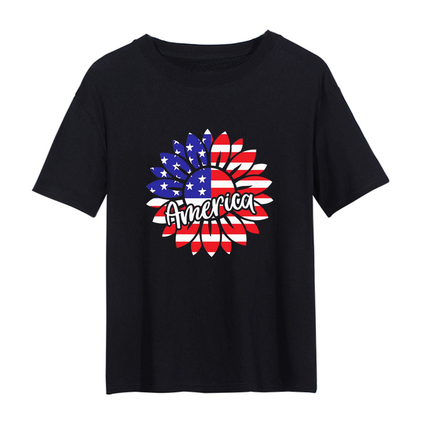 Women Pullover T-shirt Attrtive America Sunflower Independence Day Top