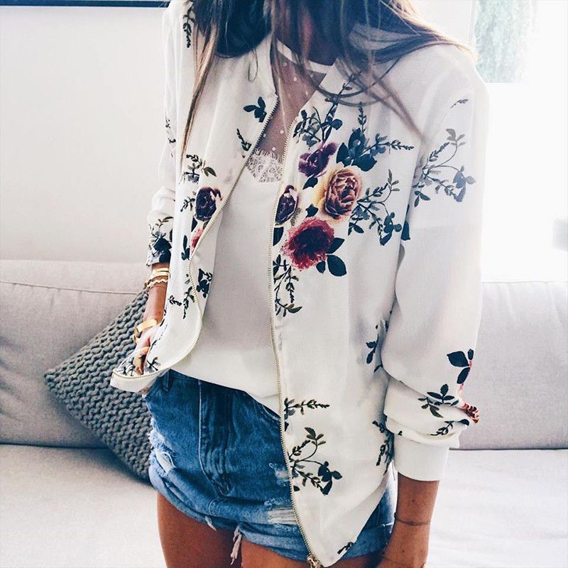 Women Floral Jackets Autumn Casual O-Neck Zipper Print Pocket Bomber Jacket Retro Long Sleeve Female Outwears Plus Size
