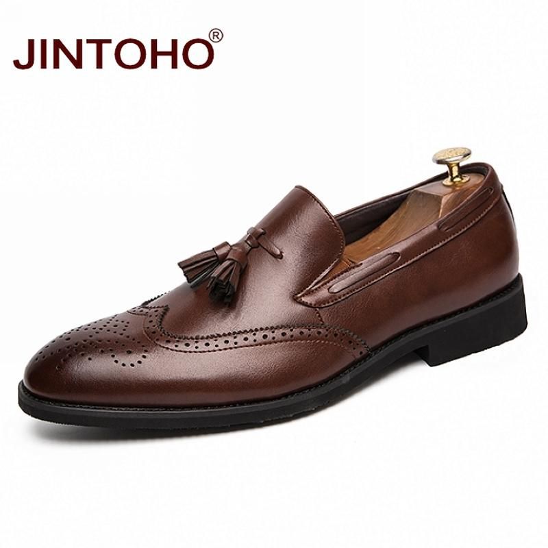 JINT O Big Size Men Leather Shoes Breathable Men Formal Shoes Slip On Dress Shoes Tassel Black Leather Moccasins