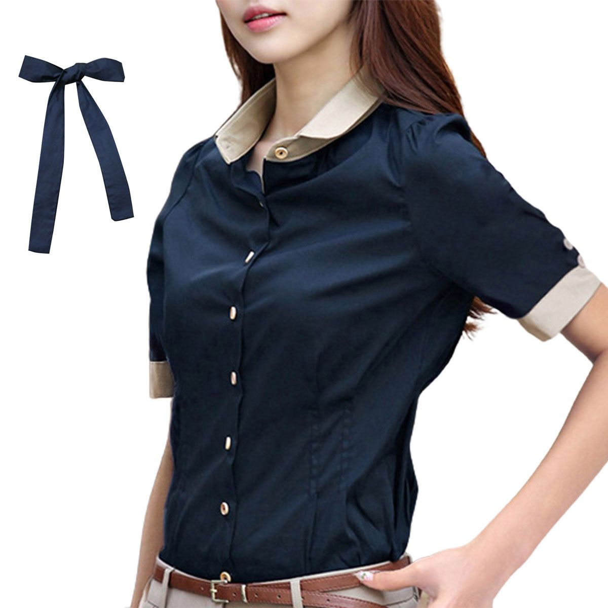 Ladies Shirt Color Block Contrast Color Tie Shirt
