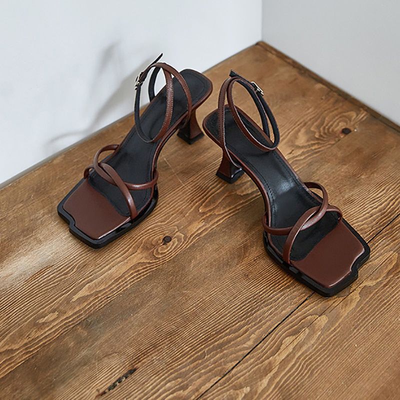 Women Sandals Ankle Strap Open Toe Narrow Band Ladies Hight Heel Sandals Solid Color Retro Female Square Toe Shoes