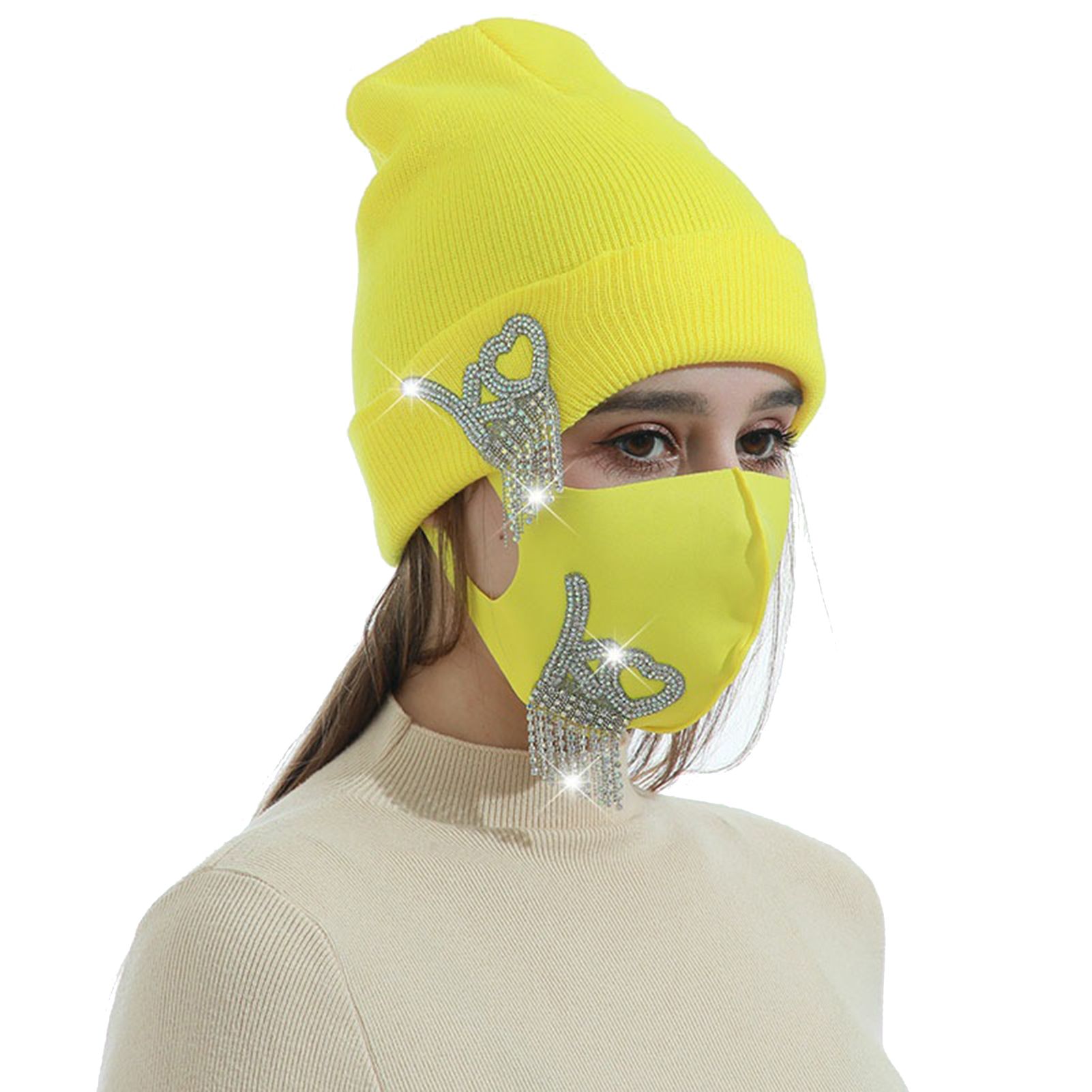 Fashionable Printing Women Soft Warm Woolen Yarn Knitted Face Cover Hat Set