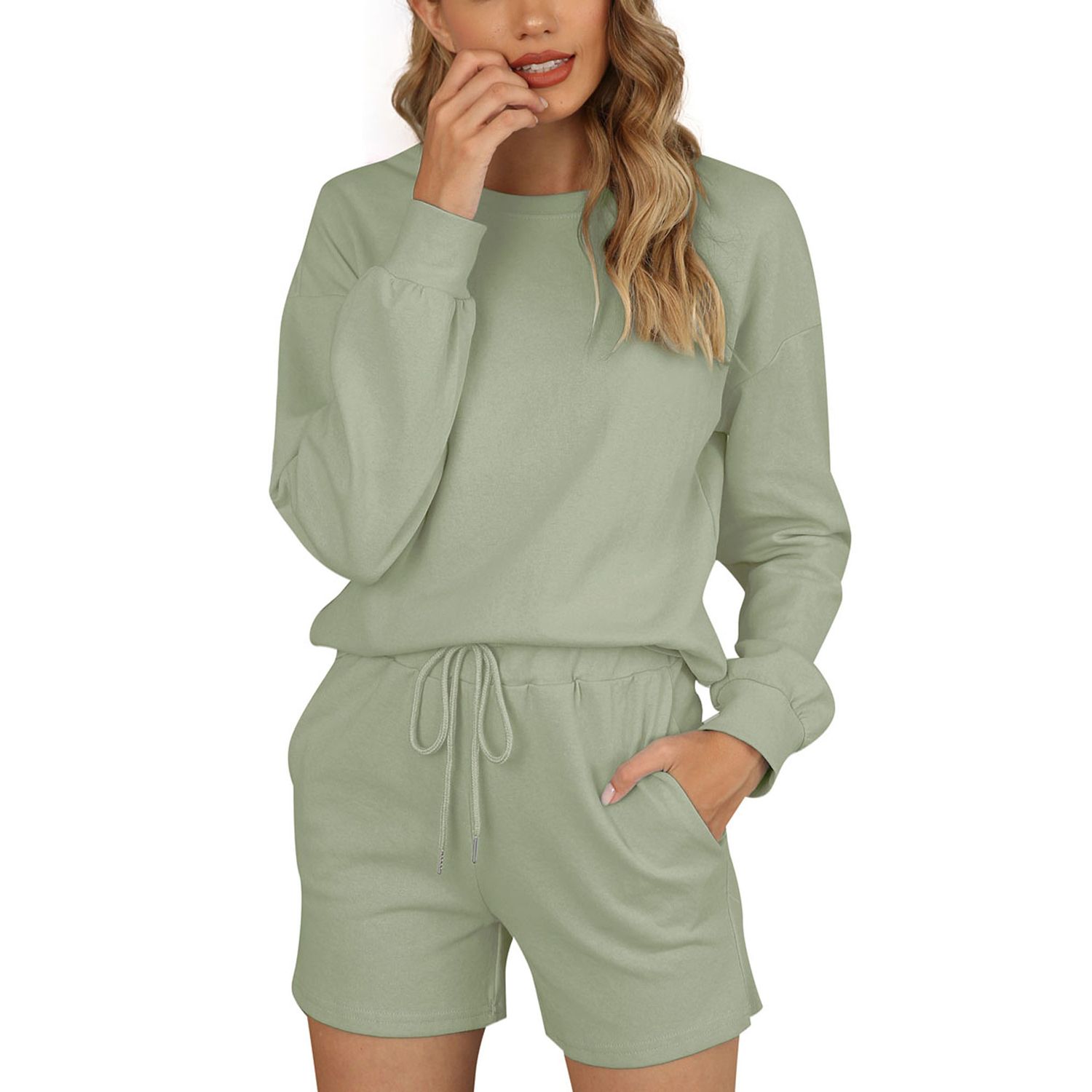 Women Pajamas Two-piece Set, Pure Cotton Solid Color Home Wear with Pockets, Long Sleeve Top + Shorts
