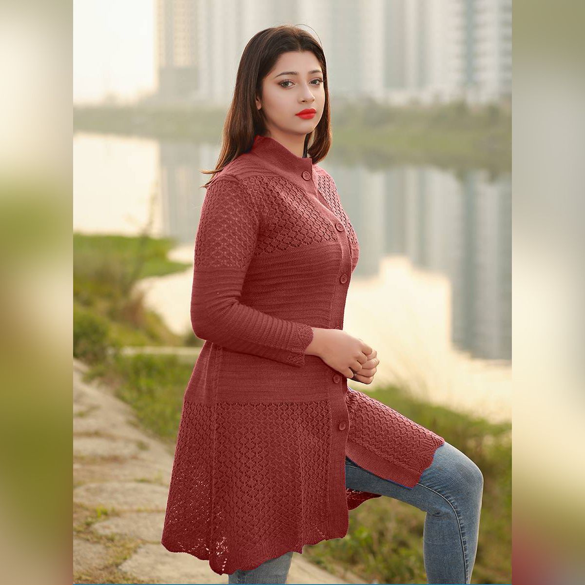 Women Maroon Jacquard Fashion  Design Front-Open Sweater