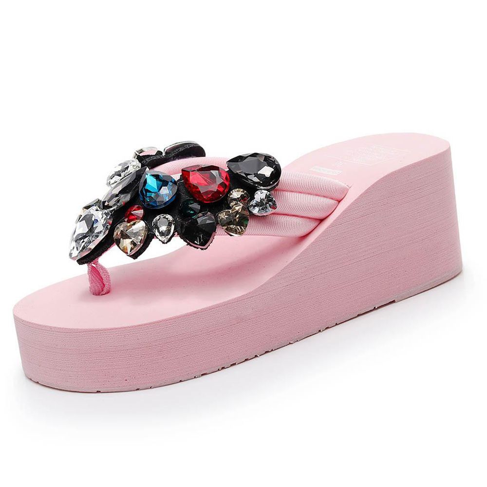 Women Ladies Girls Solid Wedges Crystal Flip Flops Sandals Slippers Beach Shoes