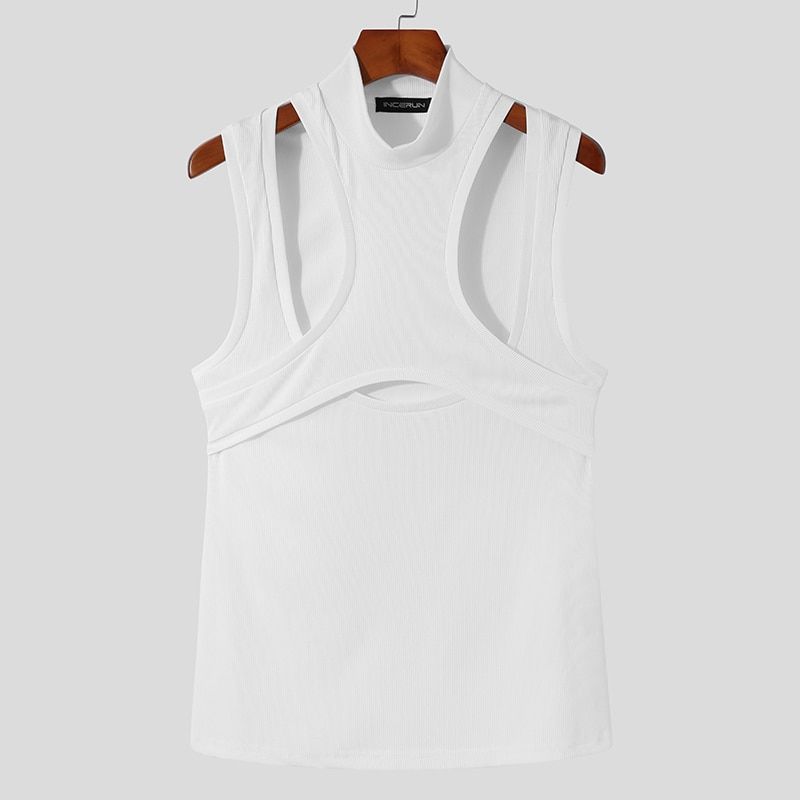 Men TaTops Turtleneck Sleeveless Solid Color Hollow Out Personality Casual Vests Streetwear Men Clothing S-5XL 7