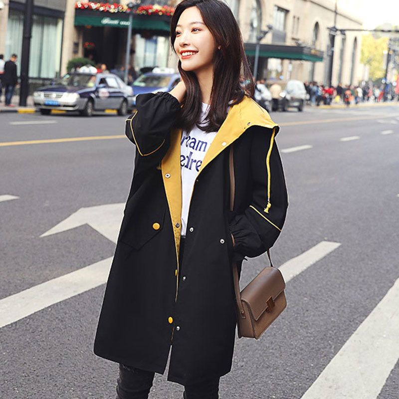 Spring Autumn Women's Trench Coat New Korean Loose Hooded Outerwear StuCasual Tooling Coats Female Windbreaker AH57