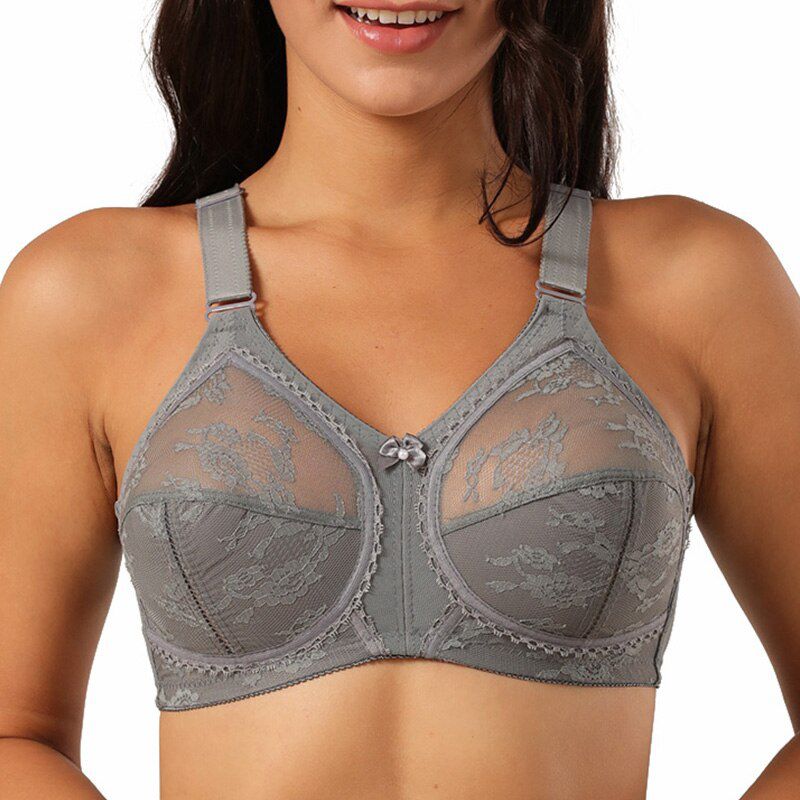 Beige Plus Size Women Unlined Lace Bra Full Coverage Ultra Thin Wireless Adjusted-straps Big Minimizer Bras Size B C D DD E Cup