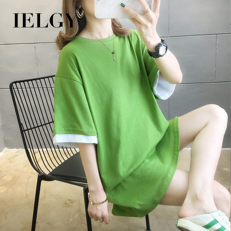 IELGY cotton T-shirt summer Korean women's solid color fake two-piece jacket women's mid-length short sleeves