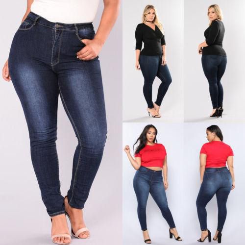 Womens Plus Size Stretch Slim Denim Skinny  High Waist Trousers