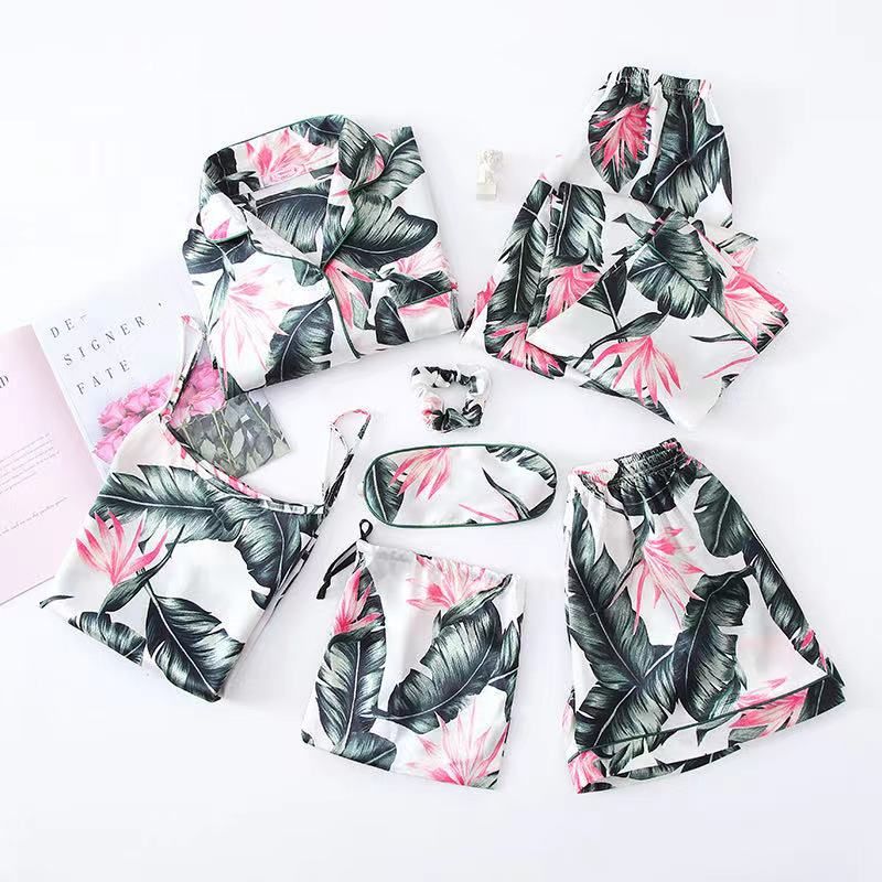 Women Pajamas Set 7 Pieces Satin Stripes Faux Silk Printing Pajamas For Woman Spring Summer Sleepwear Homewear