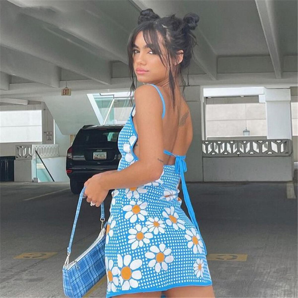 Beach Style Knitted Dress Chic Women Summer Backless Deep V-neck Halter Dress Y2K Streetwear Vacation Casual Vestido