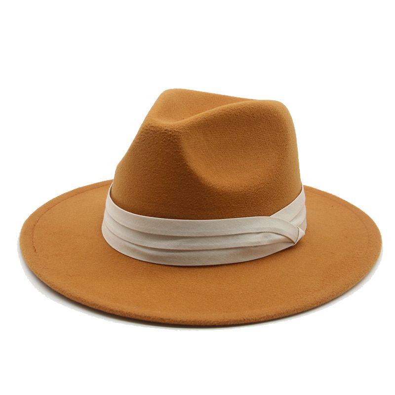 Women Hats Wide Brim Felted Hat Church Wedding Belted Band Jazz Caps Beige White Fedora Autumn Winter Hats SombrDe Mujer