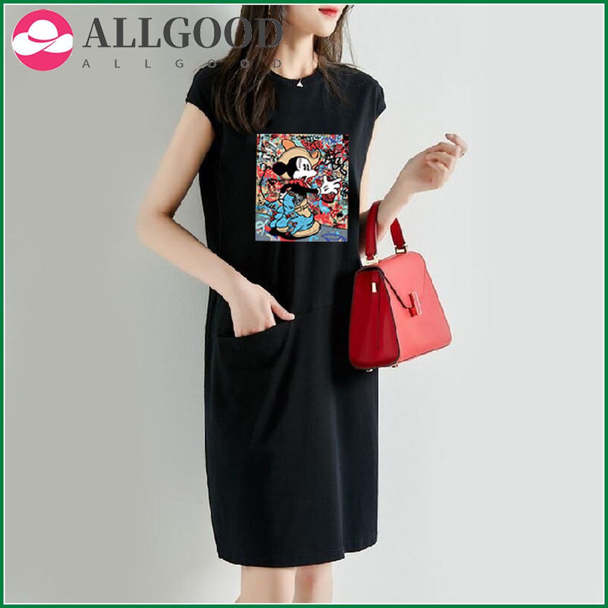 Disney Brand Mickey Mouse 90s Women's Summer Casual T-Shirt Dress With Pockets Plus Size Streetwear Shirt Cute Dress Ladies Y2K