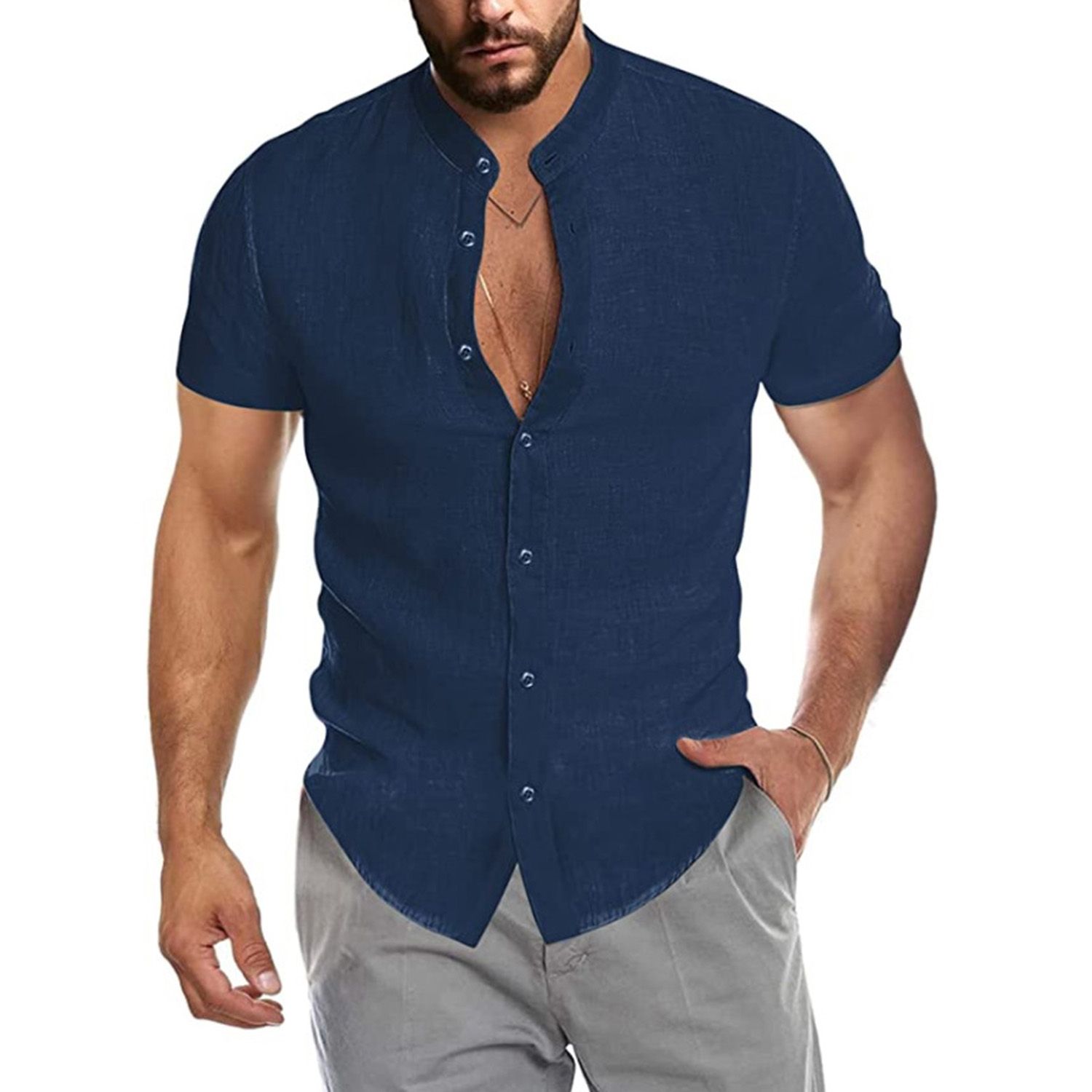 Short Sleeve Beach Shirt Stand Collar Breathable Solid Color V Neck Pockets Men Shirt for Beach