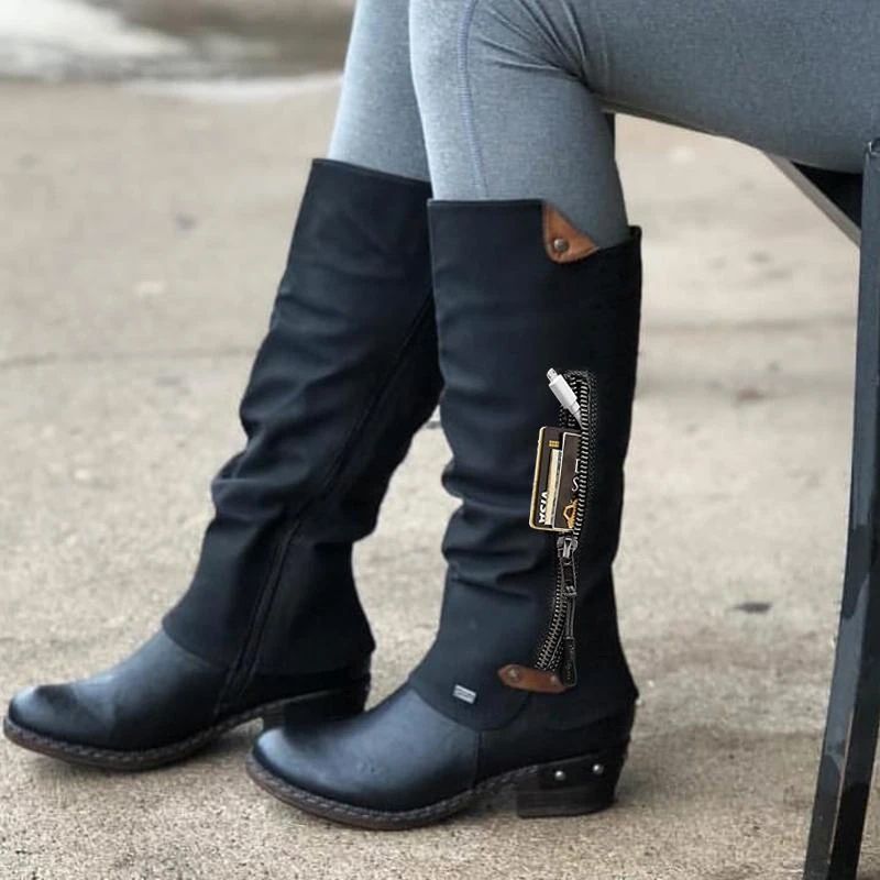 Fashion Winter Retro Women Mid Calf Boots Knee-high Punk Low Heel Side Zipper Shoes Women Vintage British PU Leather Long Boots