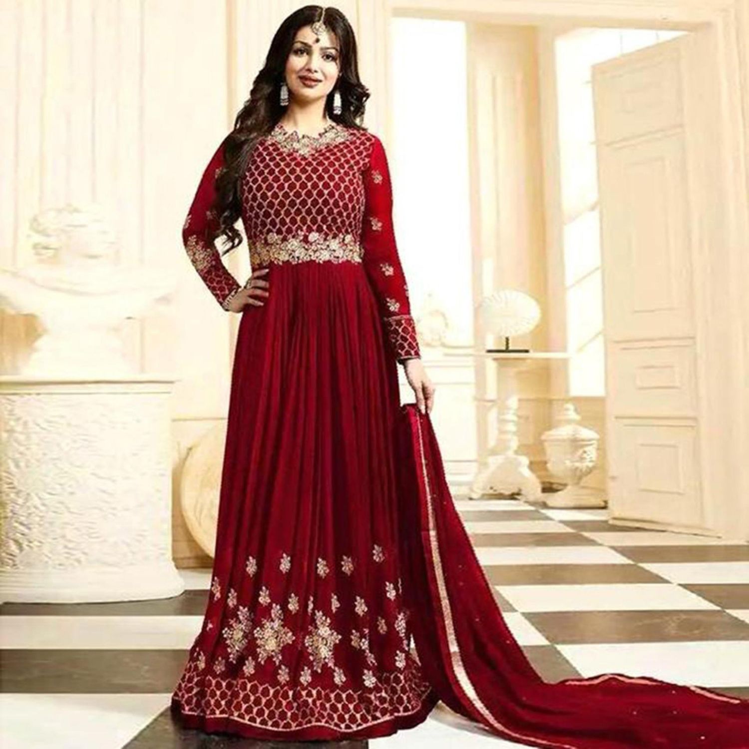 Exclusive Georgette Unstitched Gown For Women - Maroon