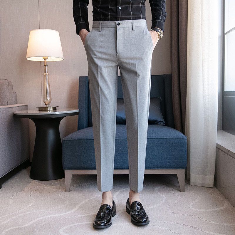 Pleated Pants Men Korean Fashion Slacks Lightweight Breathable Casual Pants Men 9 Part Ankle Pants Men Trousers Slim Fit