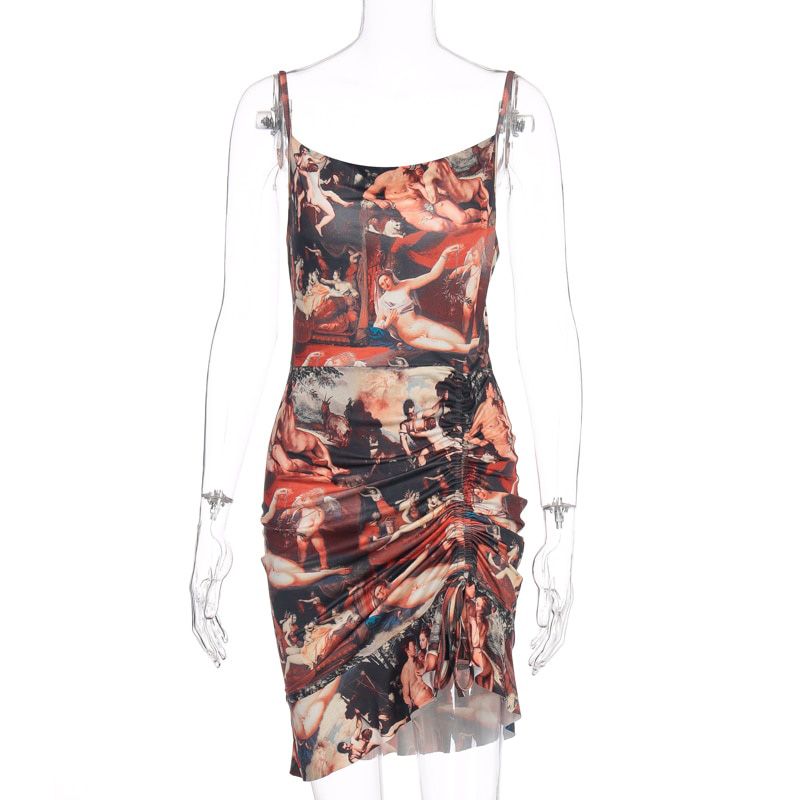print sleeveless ruffles ruched mini dress spring summer women fashion streetwear outfits club wear