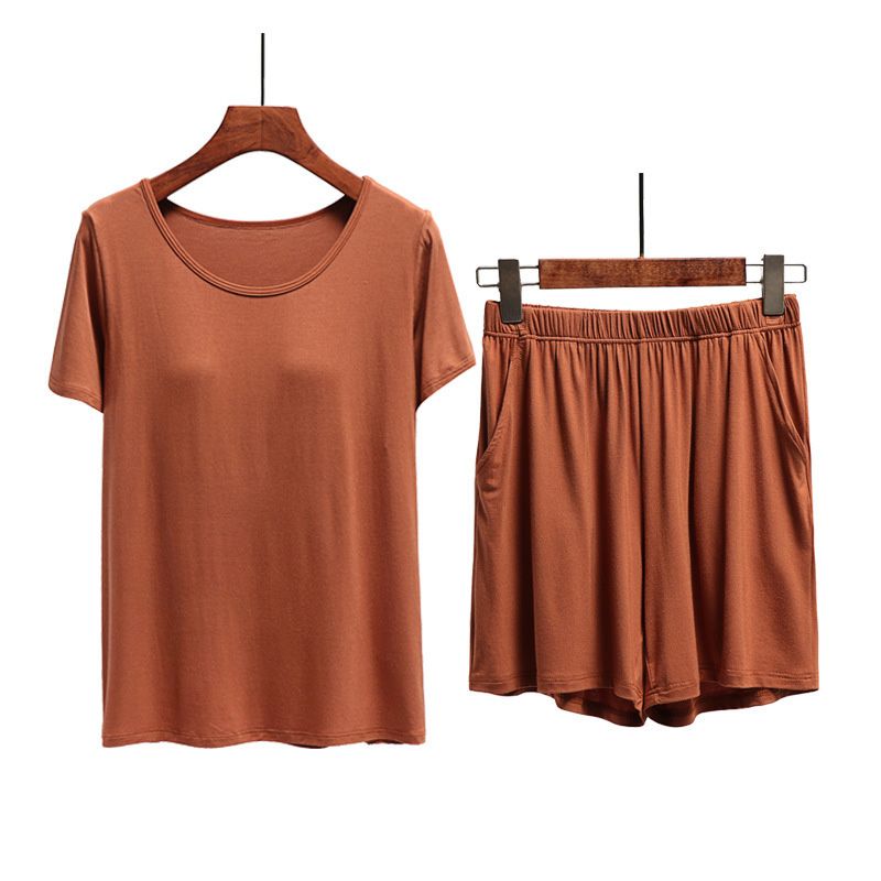 1 Set Summer Modal Short-sleeved Shorts Women's With Chest Pad Tops Thin Home Wear  Female Two piece set With Pockets Cotton Casual Gym Yoga Elastic Waist Short Plus Size Loose Comfortable  Ladies Short Pants sleeved