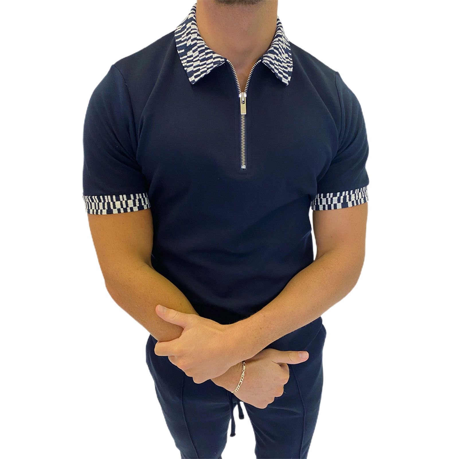 Western Men Top Color Matching Lapel Collar Zipper Ornament Summer Short Sleeve Men Shirt for Dating